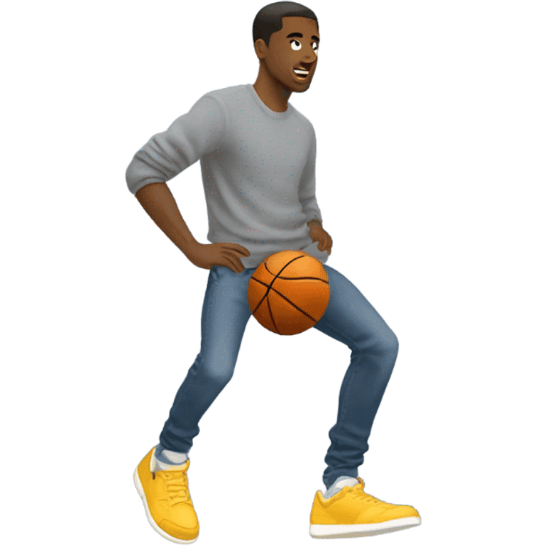 Side profile full body man basketball jumpshot grey sweater and jeans emoji