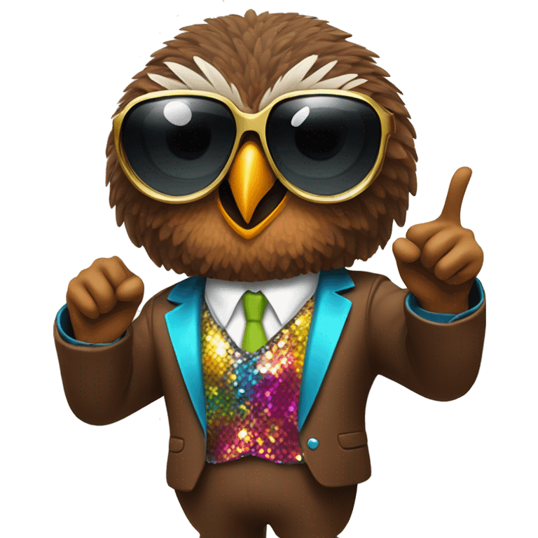  A brown owl with a black Afro and disco sun glasses and a colorful disco suit doing a pose with one finger in the air emoji