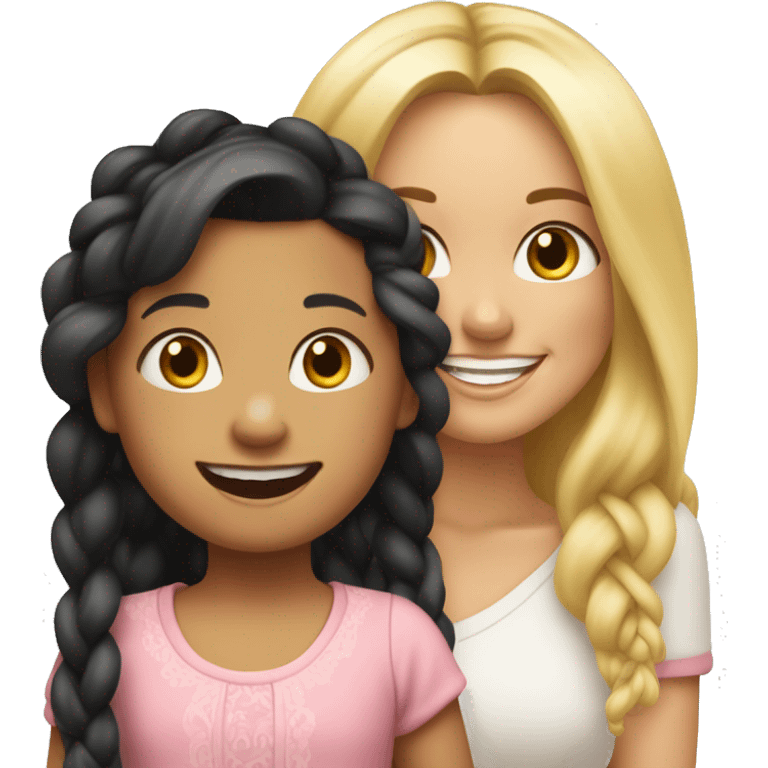 An emoji of a blonde mother with very long hair and a cheerful expression, standing next to her 3-year-old daughter, a small girl with black hair styled in two braids, both smiling happily together emoji