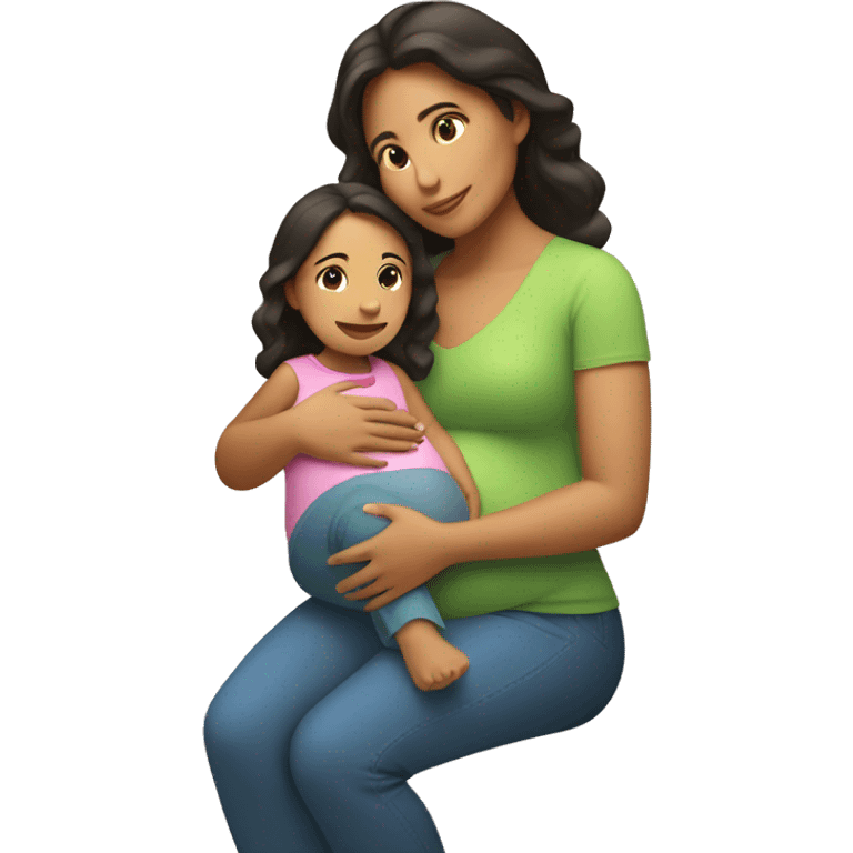 Hispanic Mom pregnant with a little girl sitting next to her emoji