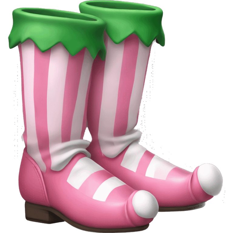 Realistic pink pair of elf shoes with white and green striped stocking legs. emoji