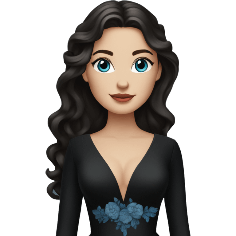 white bride with wavy dark brown long hair and blue eyes wearing a black deep v neck wedding dress with long sleeves emoji