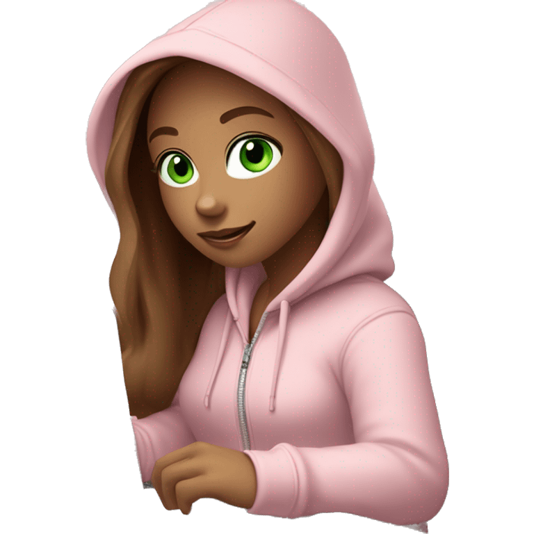 a girl with brown long hair, light beige skin, green eyes, is working relaxed at a modern laptop in a monochrome pale pink zip hoodie with a hood and a pink monochrome T-shirt emoji