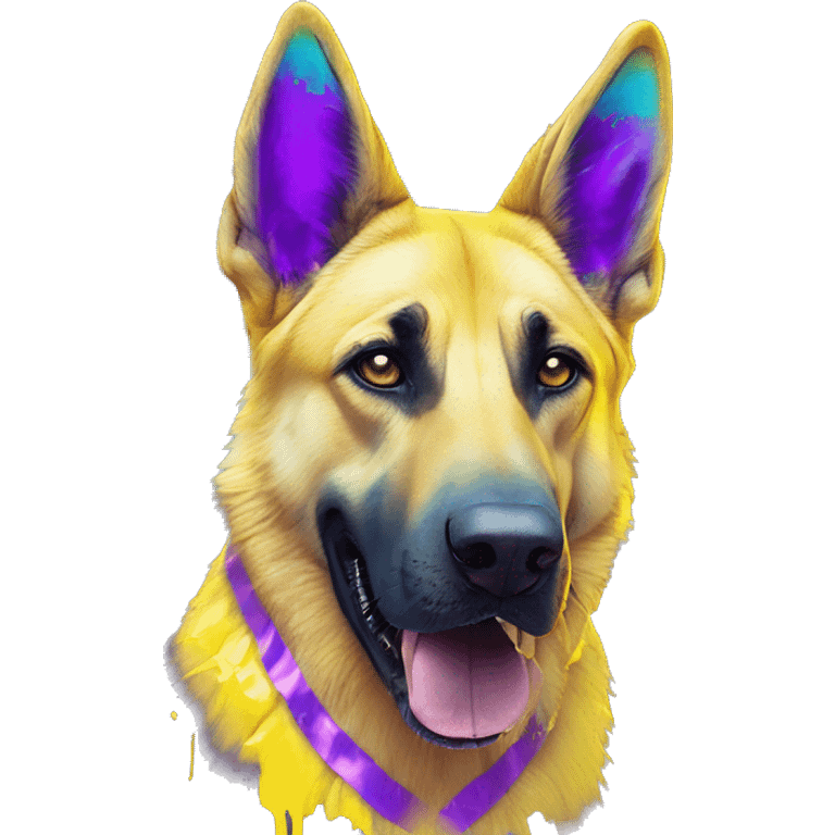 .Zombie_ Vaporwave black holographic oilslick zombie yellow Labrador German shepherd zombie dog yellow caution tape graffiti stripes iridescent blue purple mane yellow stripes emoji