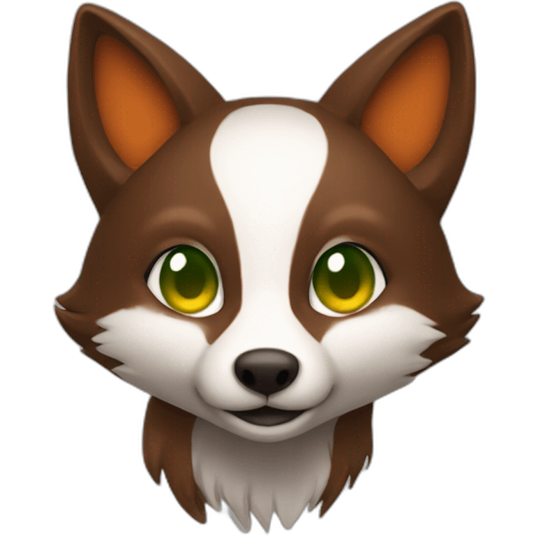 small dark brown fox with orange eyes and a dark green hood that smile emoji