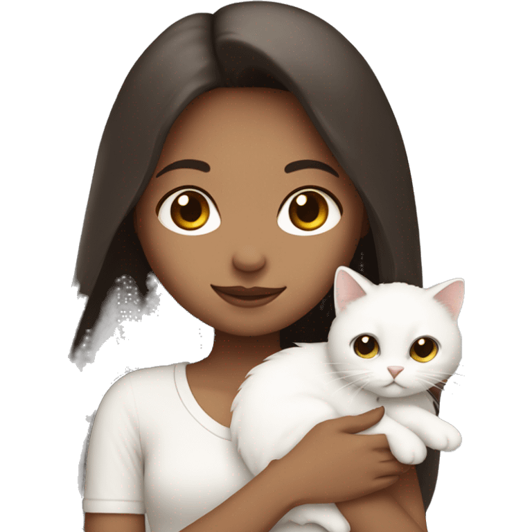 Dark brown straight hair girl holding white fluffy cat  emoji