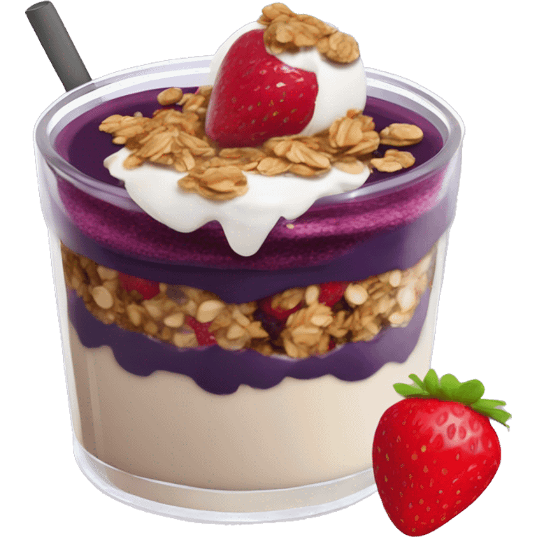 Açaí in a clear cup with layers of strawberry and granola and condensed milk emoji