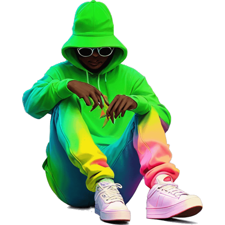 Hemp leaves Multicoloured neon person smoking wearing hoodie dancing hip hop bucket hat tropical Skater fashion aesthetic baggy clothes graphic t shirt 420 emoji