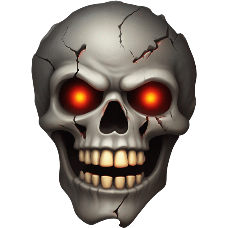 A weathered skull with hollow, glowing red eyes, cracks running along its surface. The jaw is slightly unhinged, as if about to let out a silent scream. Dark smoke or shadowy wisps drift from its eye sockets, adding an eerie glow around it. emoji