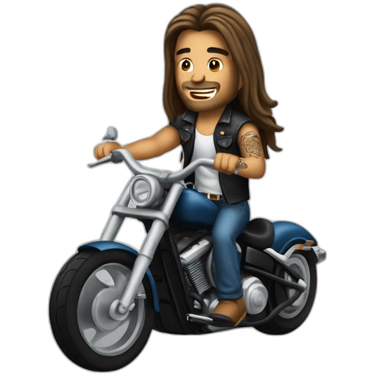 Guy with tattoos and long hair riding a Harley chopper motorcycle  emoji