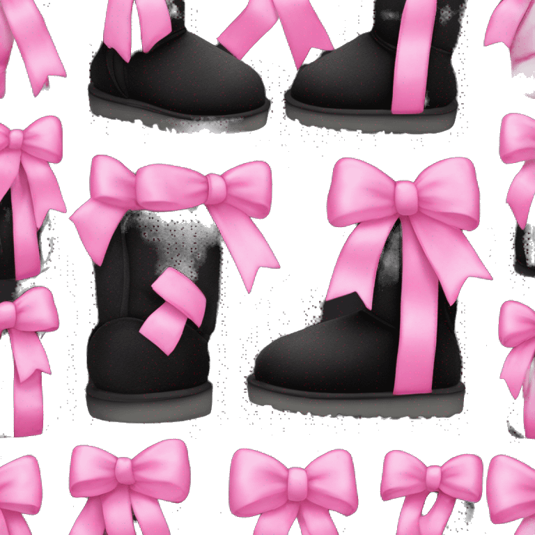 Realistic black Ugg fur boots with pink ribbon bows and stitching isolated.  emoji