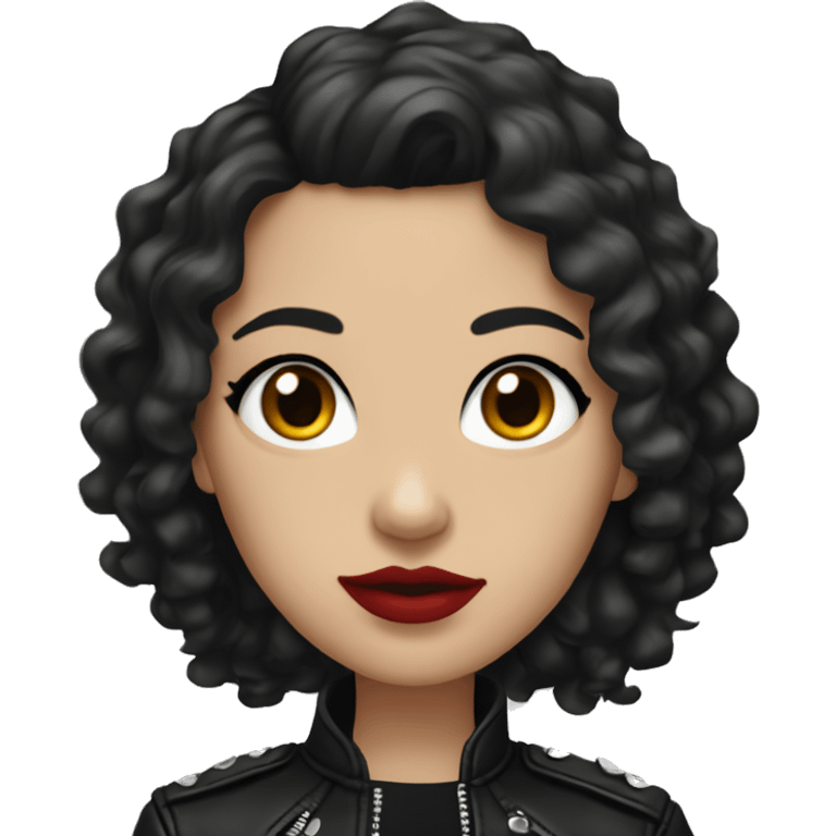 White girl, with long curly black hair, with red lipstick, black winged eyeliner, wearing black shirt and black leather jacket emoji