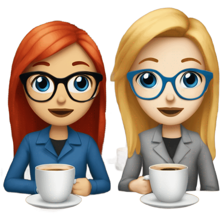 Two white skin girl friends one blonde in glasses blue eyes and one red headed with no glasses sitting in the coffee house drinking coffee emoji