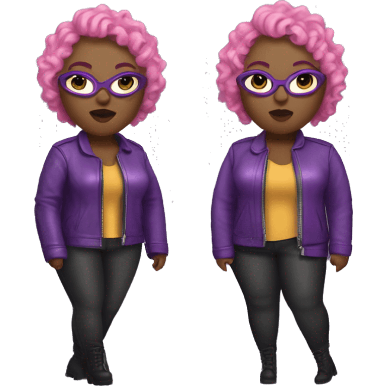 Edgy Plus size black woman with bald short pink curly hair and a purple leather biker jacket with makeup on face. emoji