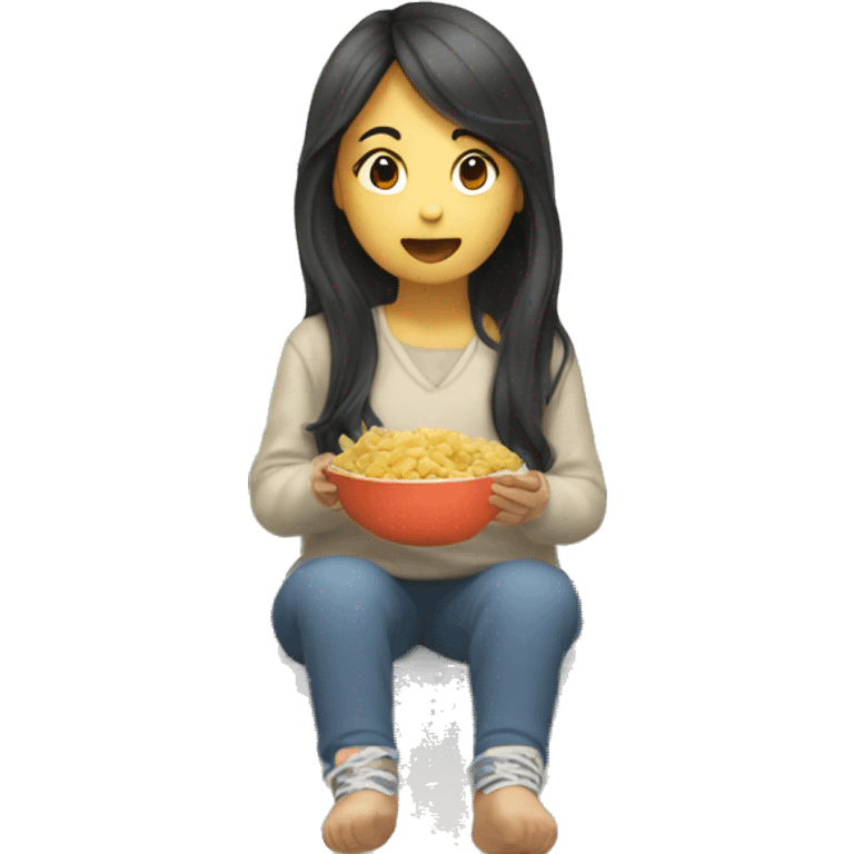 asian girl long hair sitting by window eating  emoji