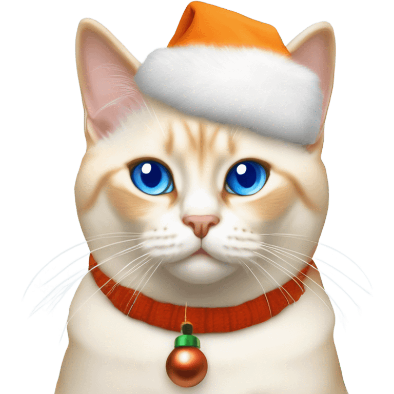 chubby flame point Siamese, white fur with orange accents and blue eyes wearing a Christmas hat ￼ emoji