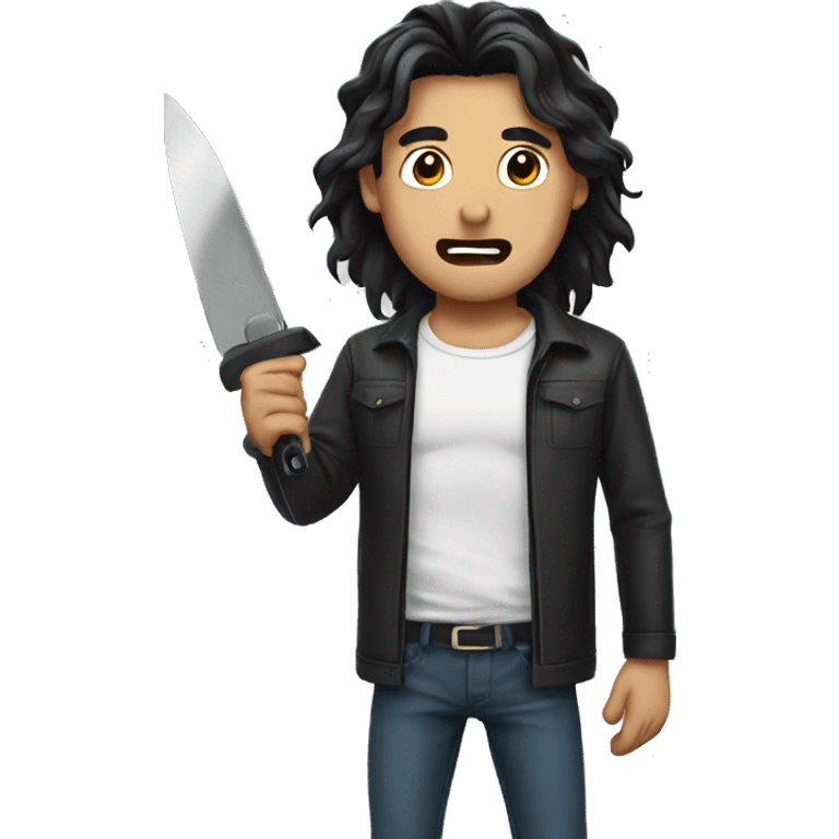 man holding a cutter, long black hair, cryiing emoji