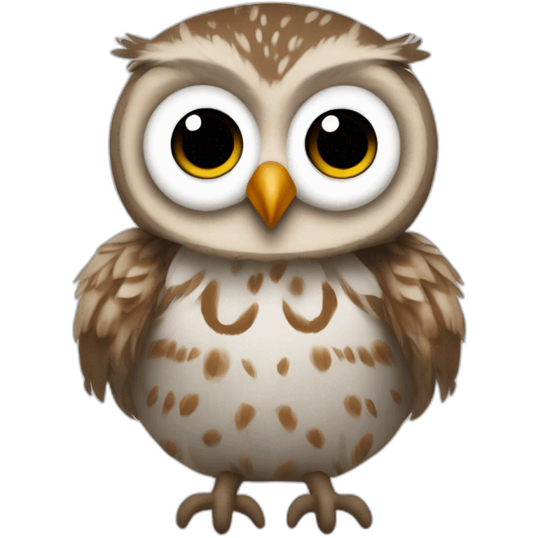 Baby Barred owl with fuzzy head feathers with wide adorable eyes and long silly owl legs emoji