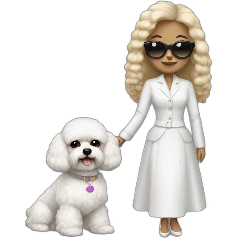 mujer con gafas pelo negro largo y perro bichon blanco emoji