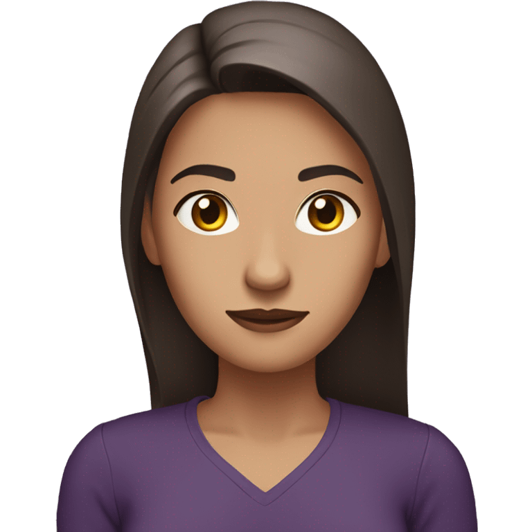 Woman with long straight brown hair and brown eyes wearing a dark purple shirt giving a skeptical look emoji