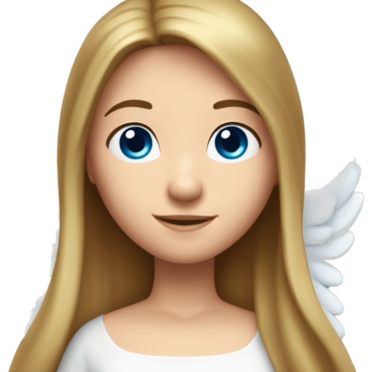 Caucasian brunette angel with long straight hair, dimples, big blue eyes, golden hoop halo over head and wings on back emoji