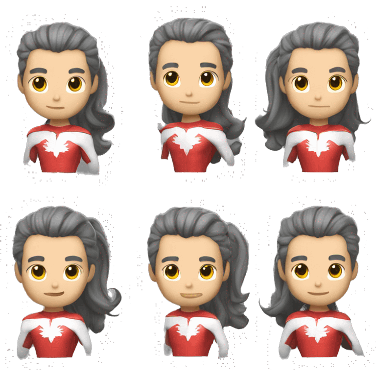 a male canadian superhero wearing red and white clothes including a mapple leaf on his chest width long dark grey hair in a ponytail emoji