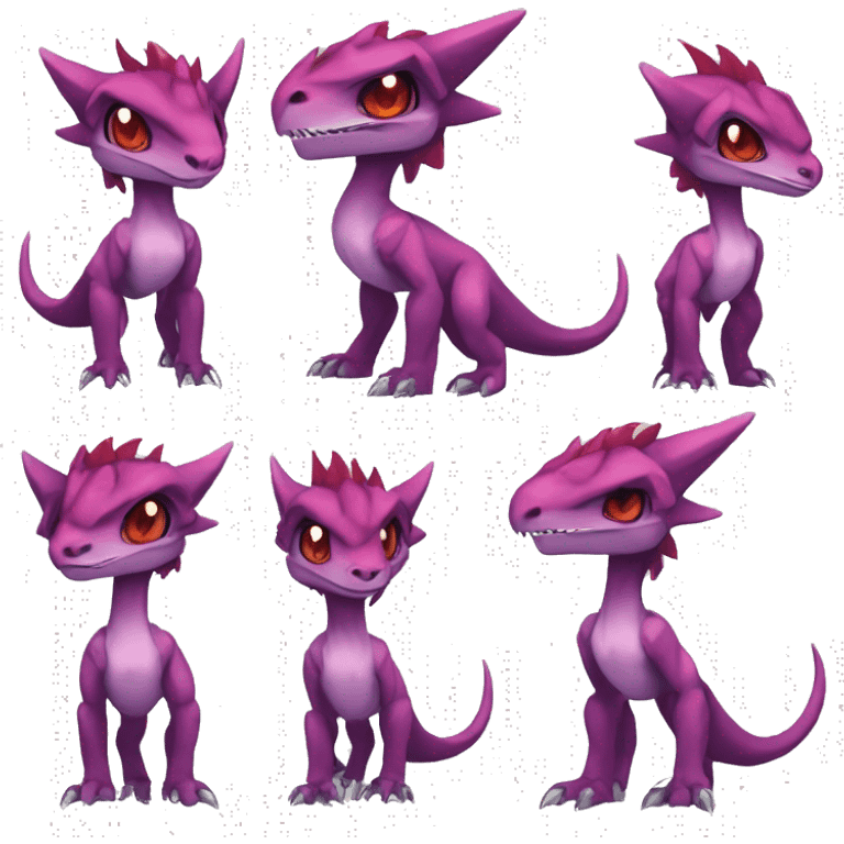 Chibi-Anthro Mauve-maroon-red-violet-colored edgy anthro-genesect-velociraptor-scalie-sona-Fakémon-hybrid with a mane on head and back and horns full body emoji