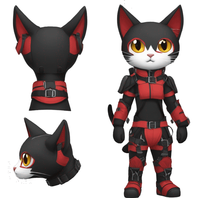 Edgy cool anthro black red cat Fakemon warrior harness collar techwear emoji