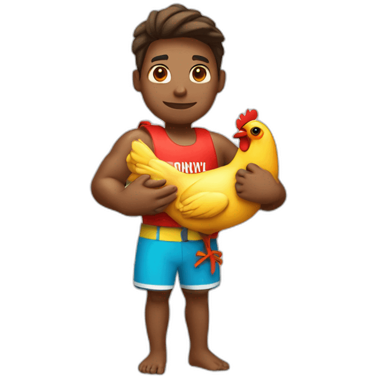 lifeguard with swimming attire holding a chicken in his hands emoji