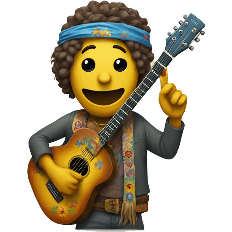 anthropomorphic hippie-guitar showing a sign of peace emoji