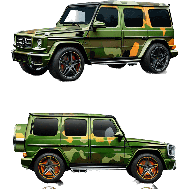 Young Dolph luxury clothes,blue diamond chain on,near his car, just opened drivers side car door to his all orange and green colored,whole car painted army camouflage, Mercedes G Wagon emoji