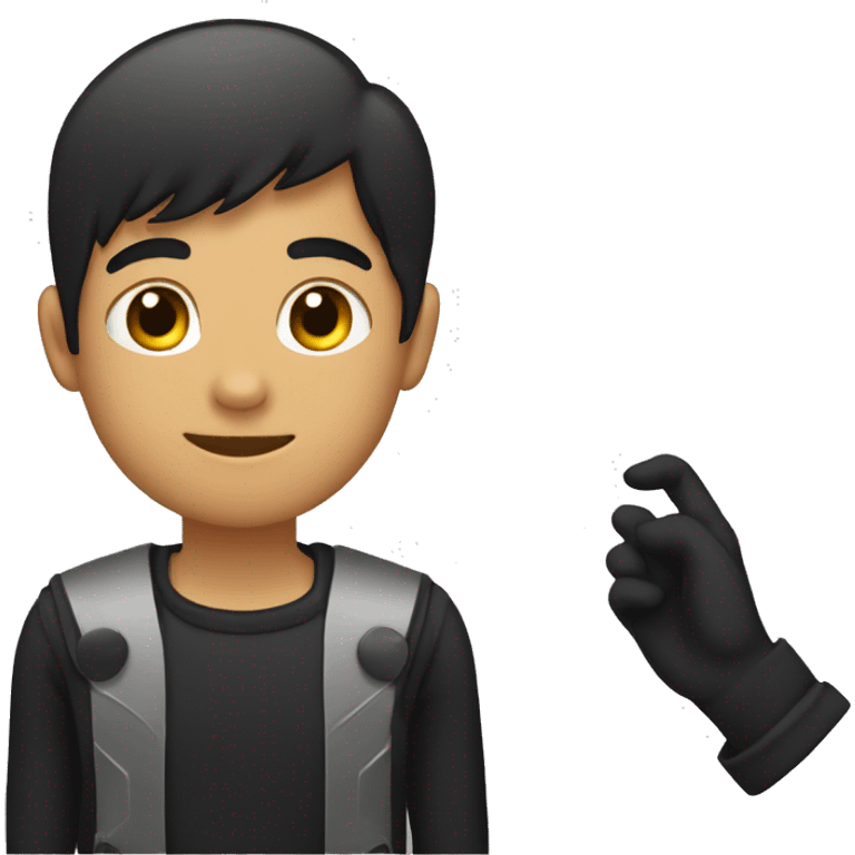 Joven de pelo largo y negro, con ropa negra levantando su mano para saludar emoji