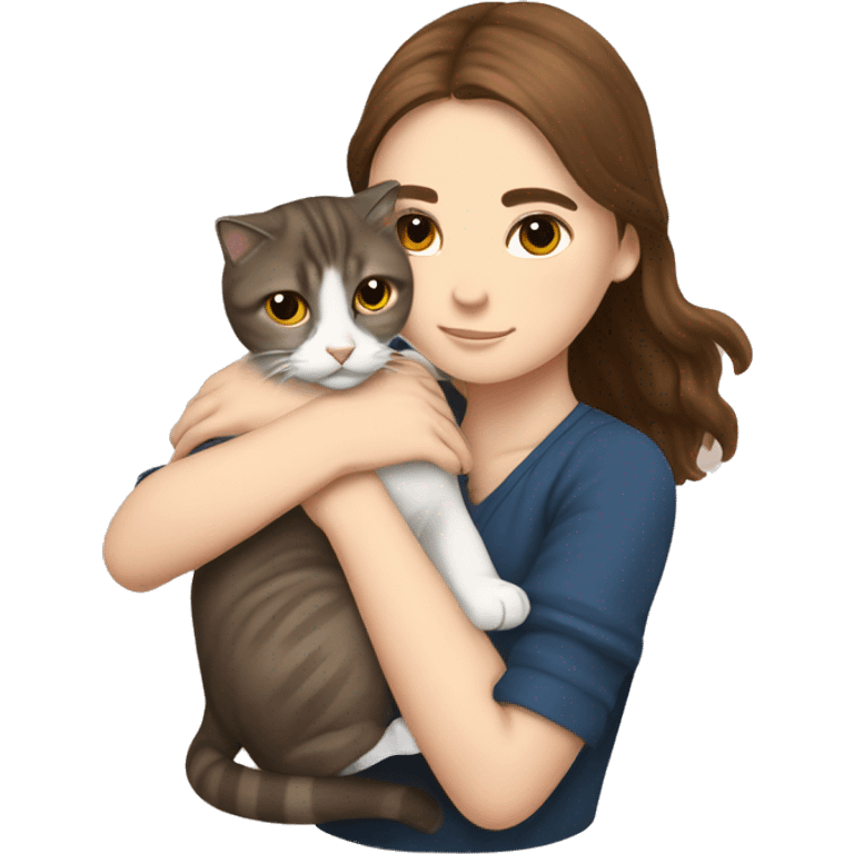 Girl with brown hair and drown eyes hug Scottish fold cat  emoji