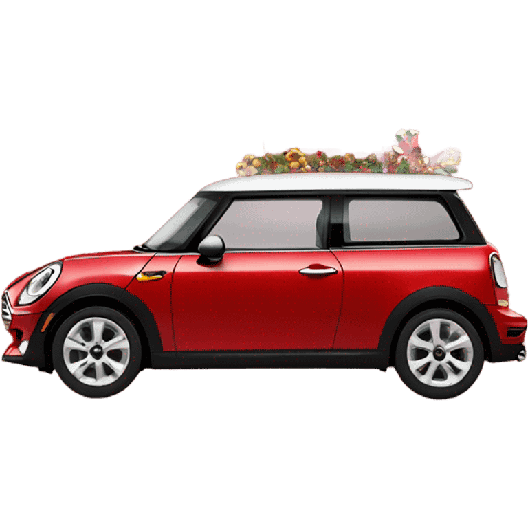 Red Mini Cooper Clubman with lots of Christmas decorations emoji