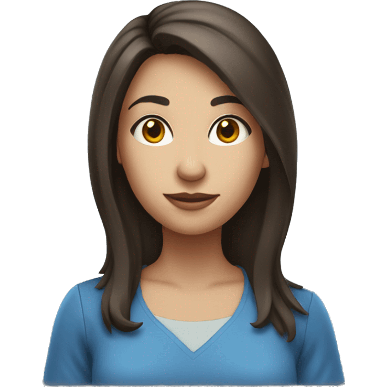 brunette woman shoulder-length hair standing wearing a blue shirt and holding a book emoji