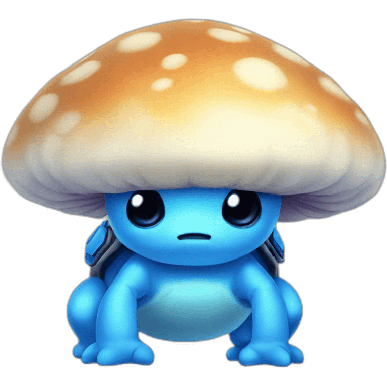 Cute blue mushroom cap no stem turtle standing on to legs cute with guns and massive muscles and big forehead  emoji