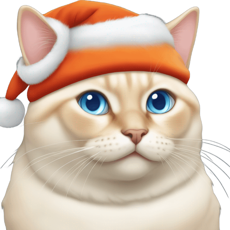 chubby fat, flame point Siamese, short fur, with white fur with orange accents, and blue eyes, smiling, wearing a red santa hat  emoji