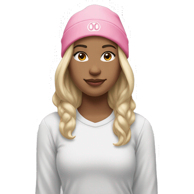 white raced, blonde hair with middle part, girl, long sleeve white lululemon shirt,  grey sweat pants, and a pink santa hat emoji