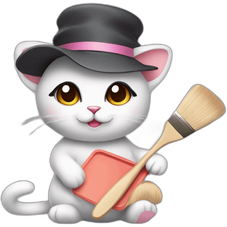 Kawaii cat artist in hat holding palette and brush so it can be used as a mouse cursor emoji