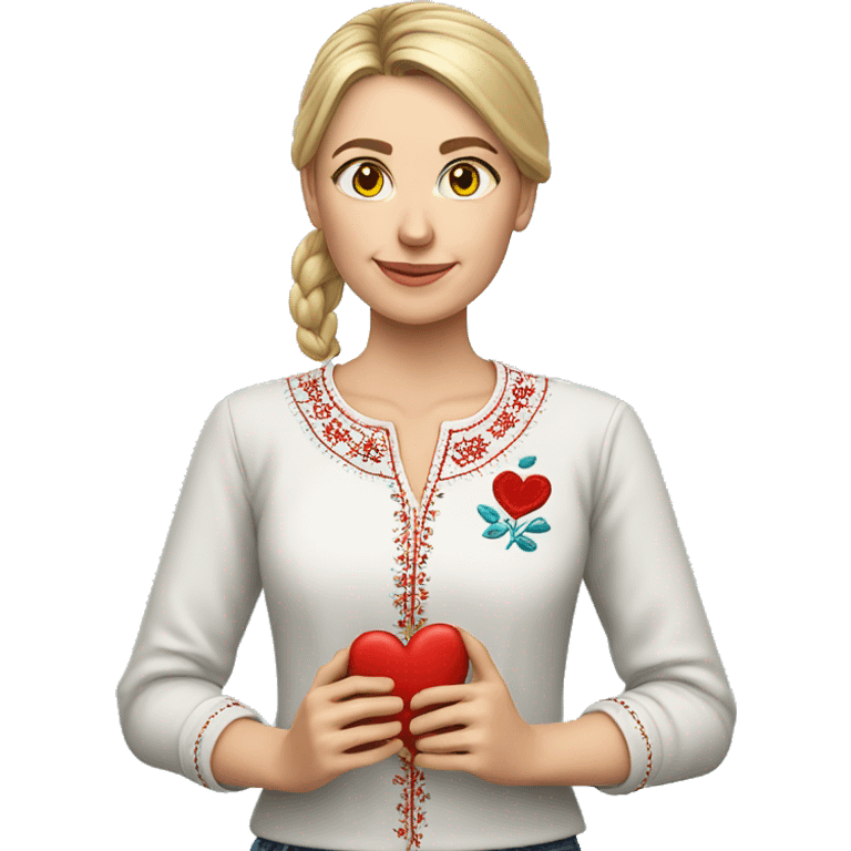 A Ukrainian teacher in an embroidered shirt holds a heart in her hands emoji