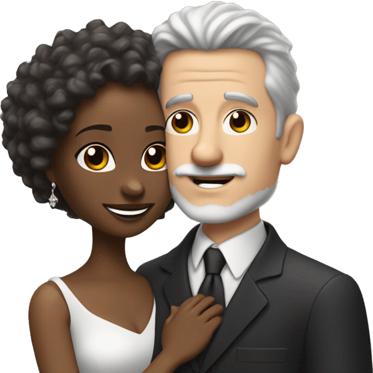 A pale white man with grey hair and with a goatee has just married, with a black woman with neck length curly 
brown hair and a brown complexion. They have a lot of money. they are hugged emoji