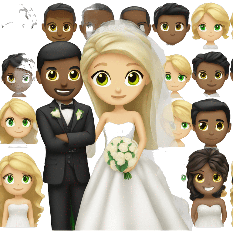 Blonde bride green eyes white groom black hair black brown eyes emoji