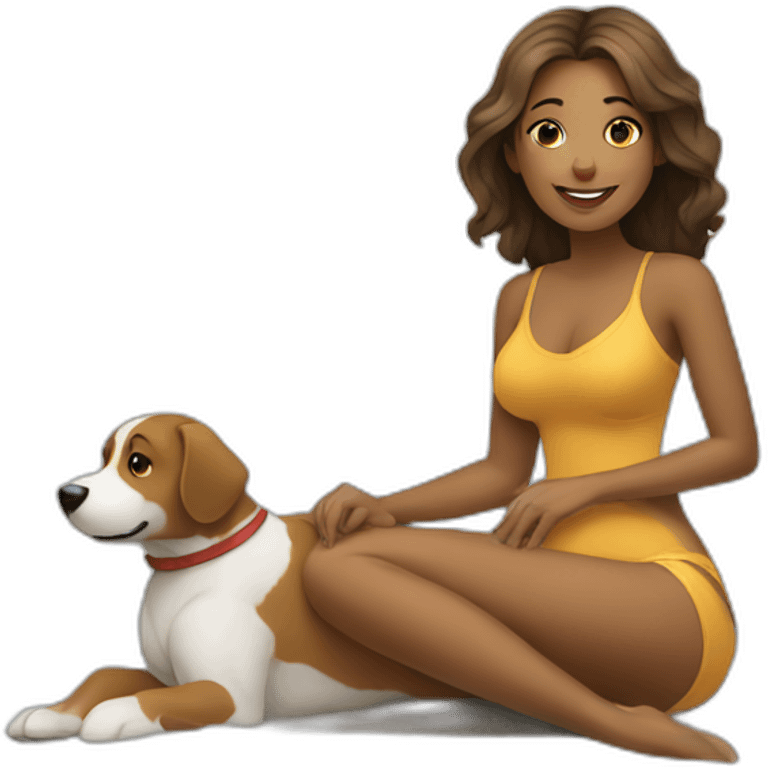 a woman sitting on the beach with a dog emoji