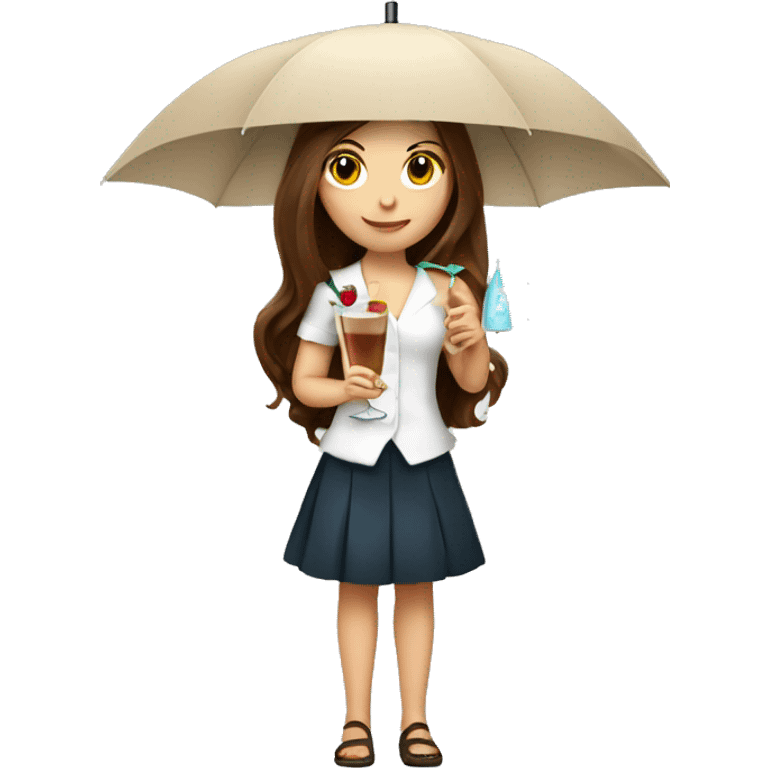 White cute girl with long brown hair holding a cocktail with a tiny umbrella emoji