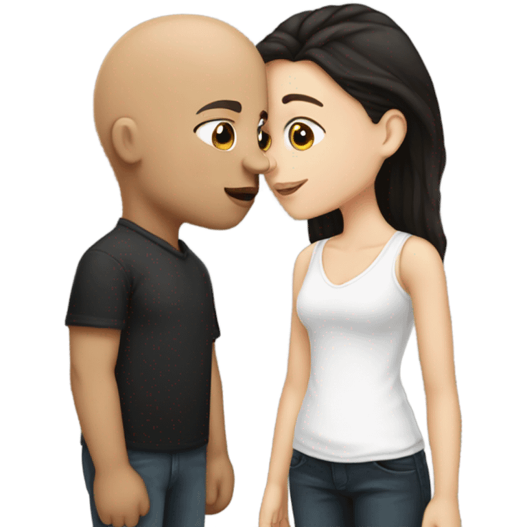 White girl dark hair kissing bald black man emoji