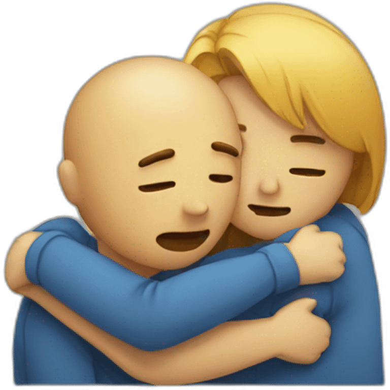 Hugging another person for comfort but looking sad emoji