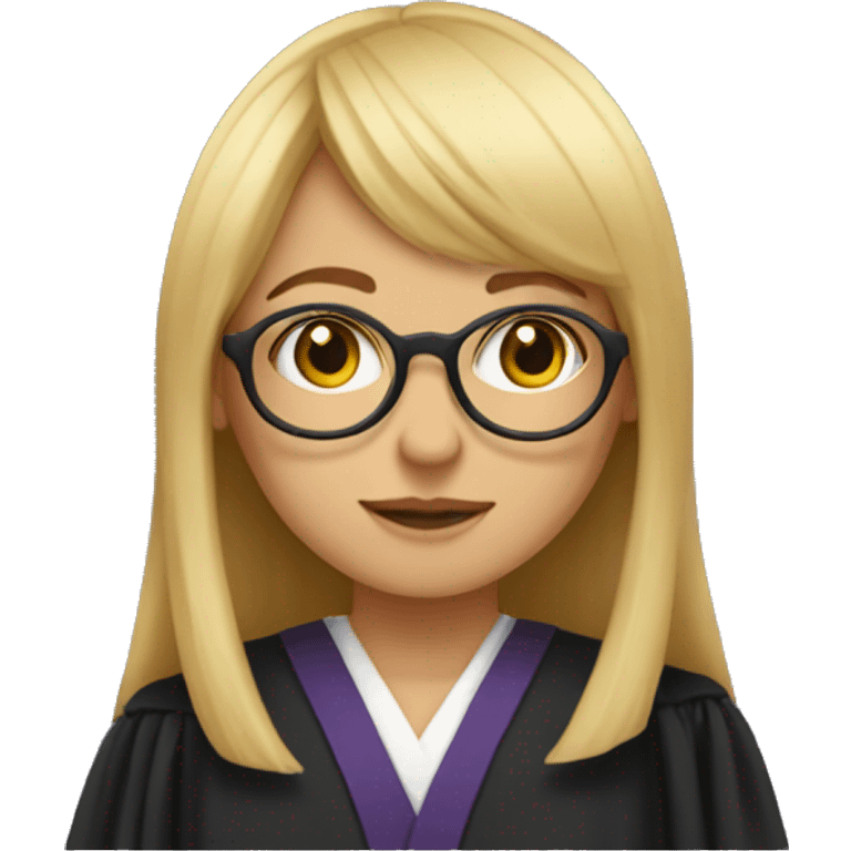 blonde straight hair girl with bangs, round eyeglasses, with judge's robe emoji