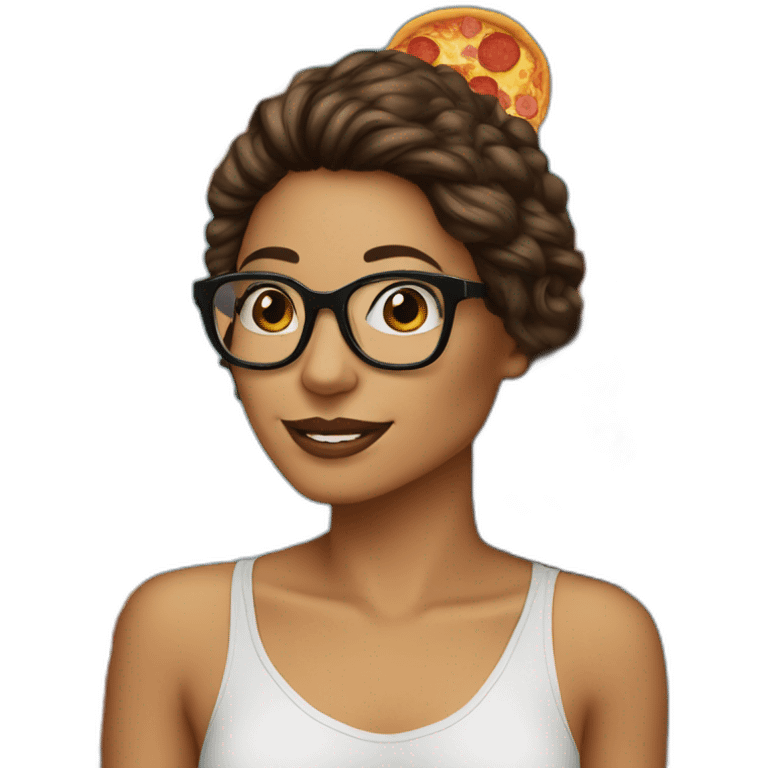 mujer pelo largo negro gafas con pizza emoji