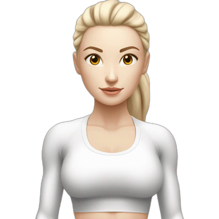 Pale skinned fit woman In a white tight yoga suit With ash blonde hair in a ponytail and gray eyes doing yoga emoji