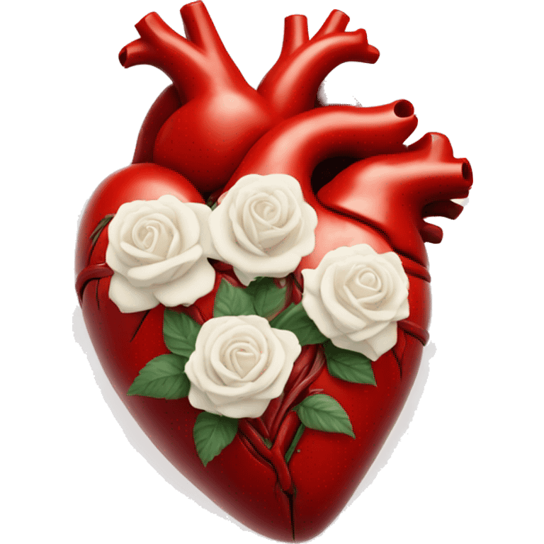 Red anatomical heart with white roses emoji